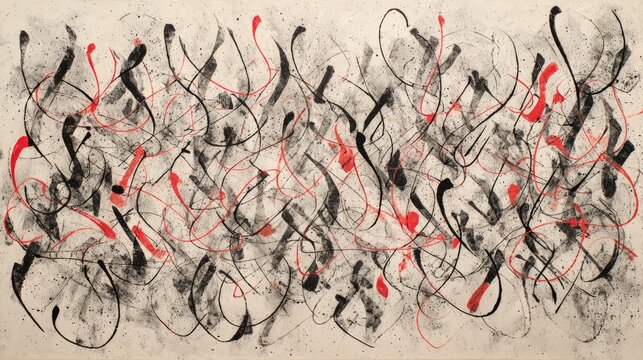 Abstract artwork with black and red lines and marks on light beige background