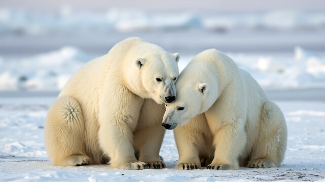 Two polar bears nuzzling in snowy arctic landscape. Close up of two white bears touching noses on ice floe. Wildlife conservation concept. - Powered by Adobe