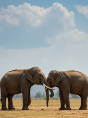 Fototapeta premium Two Asian elephants touching trunks in a grassy field under a cloudy sky.