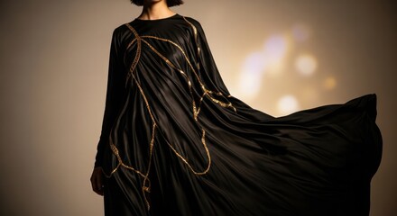 A woman models a flowing, black, embellished gown with gold accents.