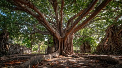 Fototapeta premium Massive, sprawling tree, abundant foliage, reaching roots