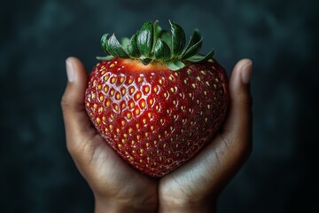 Obraz premium A person is holding a strawberry in their hand. The strawberry is red and has green leaves on top. Concept of warmth and care, as the person is holding the fruit gently