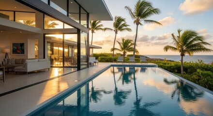 Obraz premium Modern house with a pool reflecting palm trees and a beautiful sunset over the ocean.