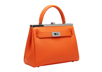 Elegant orange leather handbag with silver clasp and handle isolated on transparent background