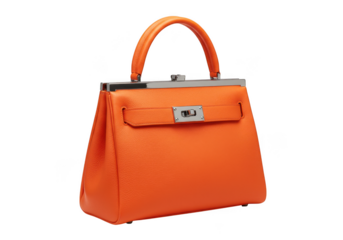 Elegant orange leather handbag with silver clasp and handle isolated on transparent background