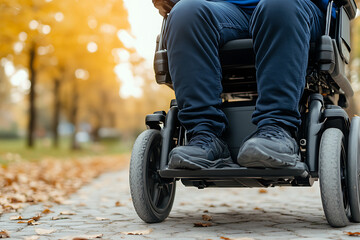 Obraz premium Person in a motorized wheelchair on a cobblestone path covered in autumn leaves, blurred foliage in the background. Freedom and mobility concepts.