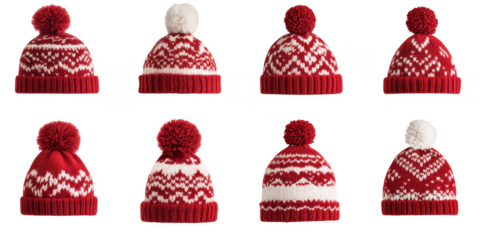 Red white knitted pom hats isolated on a transparent background