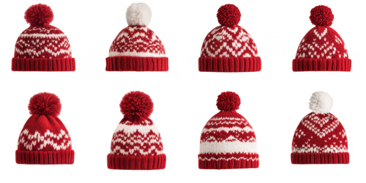 Red white knitted pom hats isolated on a transparent background - Powered by Adobe