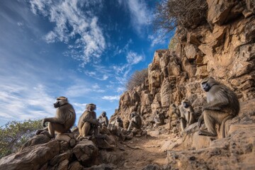 Baboons engage in grooming rituals among rocky outcrops under a vibrant sky