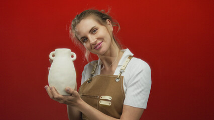 Woman holding white ceramic jar against a vibrant red background, showcasing artisan craftsmanship...