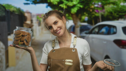 Young woman in apron holds jar of cookies outdoors on city street, smiling near car under green...