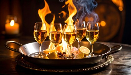 Flaming drinks on a tray