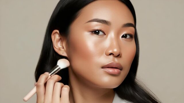 Woman Applying Makeup With Brush On Beige Background