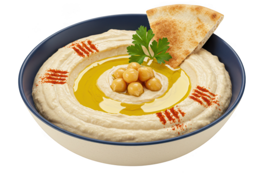 Creamy hummus dish with chickpeas olive oil paprika and pita bread isolated on transparent background
