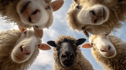 A unique low angle perspective showing a group of curious sheep looking down to camera with one distinct black sheep, under a blue sky.

