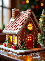 whimsical gingerbread house centered warm kitchen scene adorned intricate candy cane details drizzled rich