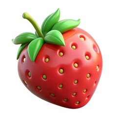 Obraz premium A single stylized strawberry with green leaves and yellow seeds on a white background studio shot