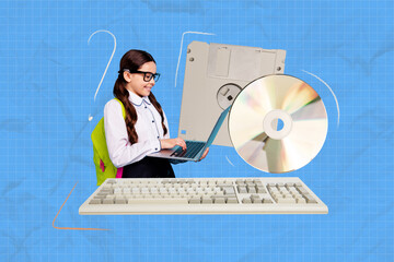 Creative full art image poster collage of happy schoolgirl surf laptop keypad cd disk education...