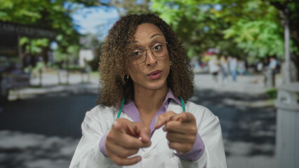 Woman doctor with stethoscope and eyeglasses points finger directly at camera on street; approval...