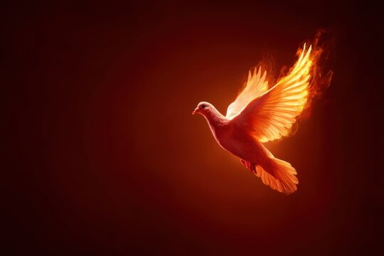 Symbolic representation of Pentecost with a flaming dove in a dramatic background