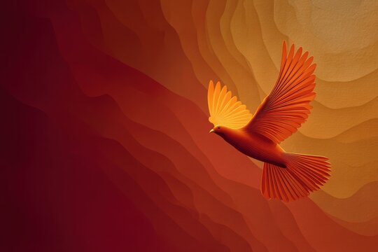 Vibrant bird soaring against a warm pentecost-inspired background of radiant colors