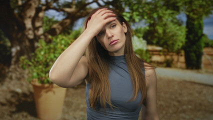 Woman wearing sleeveless top touches forehead with hand in park setting beneath dappled sunlight;...