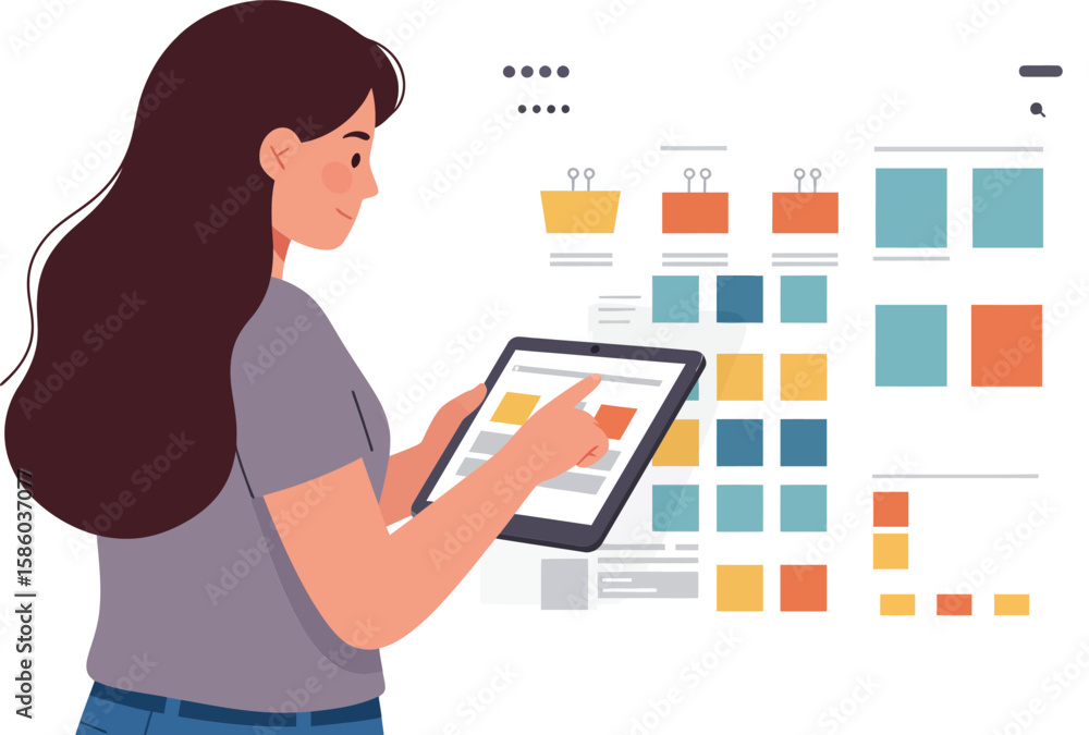 Poster young woman analyzing data on digital tablet with colorful charts and graphs in modern workspace vec