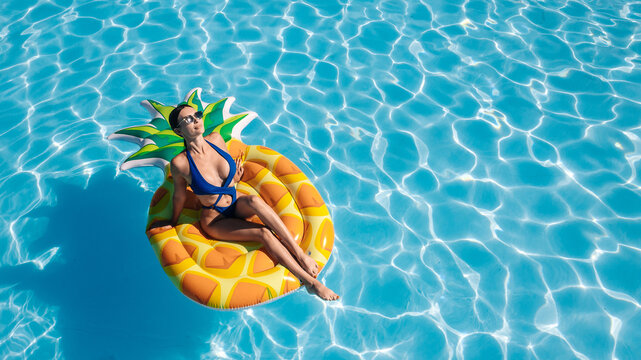 Top view of woman on a big pineapple float in a clear blue pool, shot from drone. Concept summer fun, relaxation, tropical vibes and leisure.