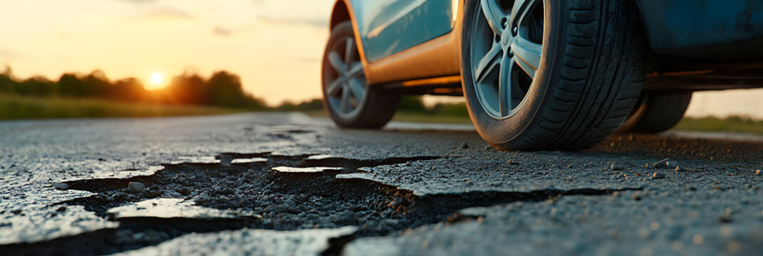 Damaged road with vehicle at sunset. Worn asphalt shows cracks, posing driving risks. Sunlight adds drama. Road safety is important.