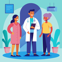 Doctor with Two Diverse Patients in a Clinic Setting Featuring a Modern Cartoon Style with Bright Colors and Simple Shapes Representing Healthcare and Medical Consultation