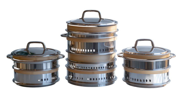 Stainless steel steamers bamboo accents isolated on a transparent background