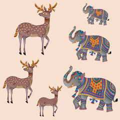 seamless  color full  Kalamkari flower leaf pattern with Elephant Deer animal background design