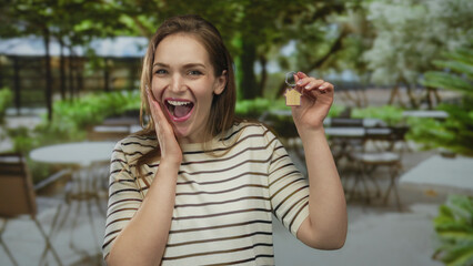 Woman holds a wooden house keychain near her face and lifts hand on restaurant terrace; new home...