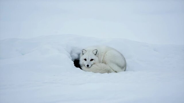 Arctic Fox Sleeping Curled Up in a Snow Den with White Fur and Winter Landscape in Natural Habitat