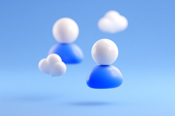 Two 3D figures with cloud icon, abstract design, and blue background