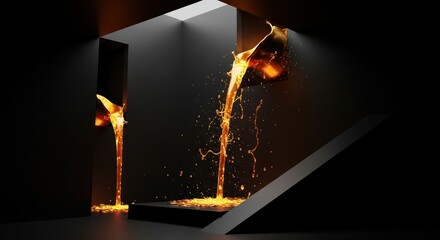 Red and orange flames glow in the dark of night, casting a hot, yellow light from burning sparks