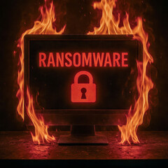 Computer screen engulfed in flames displays word RANSOMWARE with lock icon, symbolizing cyber threat. fiery imagery conveys urgency and danger