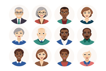Diverse Avatar Collection: A collection of diverse people avatars, each rendered in a smooth, modern style, portraying a range of ages, ethnicities, and professions.