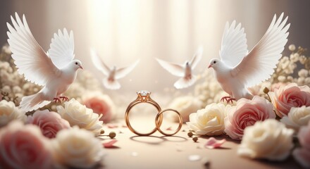 White doves with red roses and heart accents, surrounded by beautiful seashells on a summer beach, evoke the beauty of nature and wedding celebrations