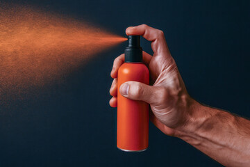 Hand holding orange spray bottle releases fine mist against dark background, showcasing product functionality and design. image captures dynamic motion of spray