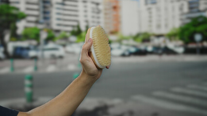 Caucasian man holding brush on city street with blurred modern buildings signifies urban grooming...