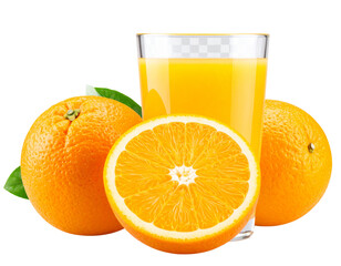 Fresh Orange Juice with Whole and Halved Fruit, Transparent Background