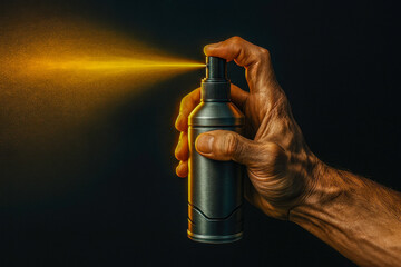 Hand firmly grips metallic spray bottle, releasing vibrant yellow mist against dark background, creating striking contrast