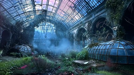 Abandoned greenhouse with overgrown plants and mist, showcasing nature reclaiming space - Powered by Adobe