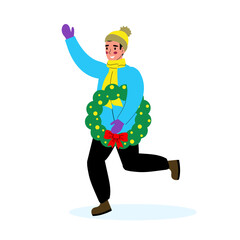 Cheerful person running with a festive wreath in a winter setting