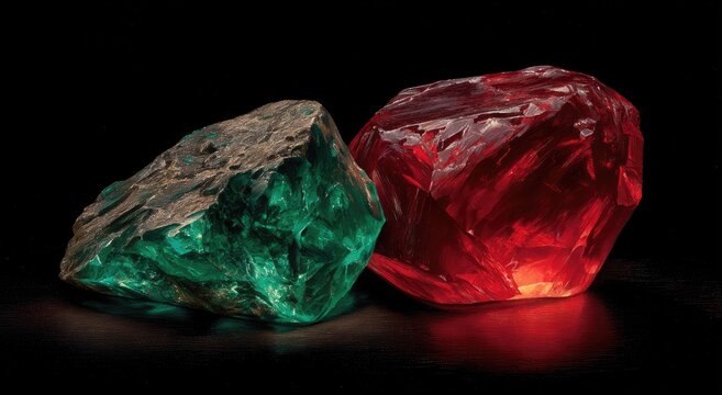 Two raw gemstones, emerald green and ruby red, illuminated against a black background