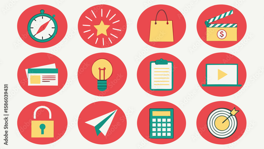 Poster collection of twelve flat design icons representing business and success concepts