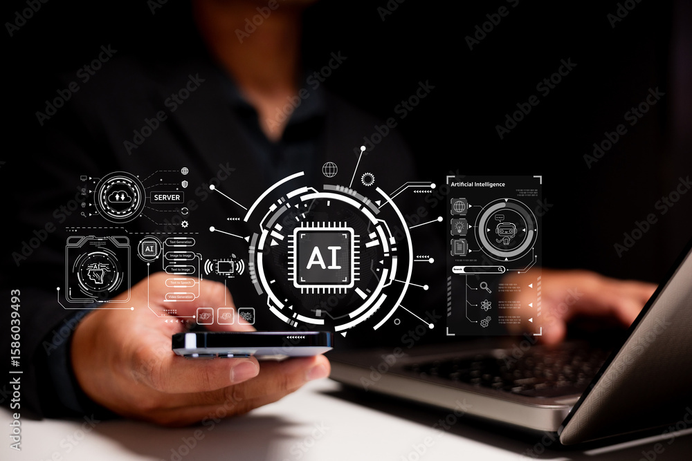 Poster a person interacts with a smartphone and laptop, displaying ai and technology-themed digital hologra