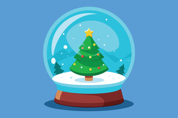 Cartoon Christmas snow globe with tree and snow on blue background