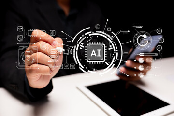 A person interacts with a futuristic digital interface displaying AI technology and data analytics...